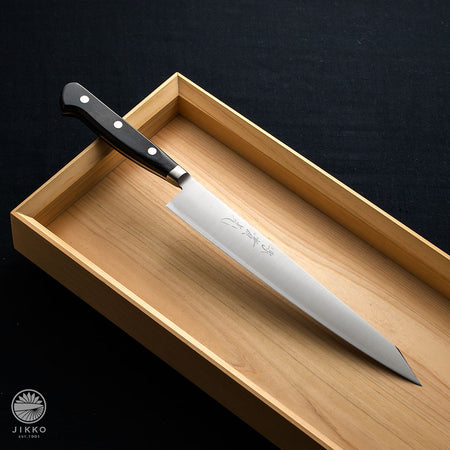 JIKKO ekubo (Dimples) Sujihiki knife Blue VG-10 Gold Stainless Steel Japanese (Slicer)