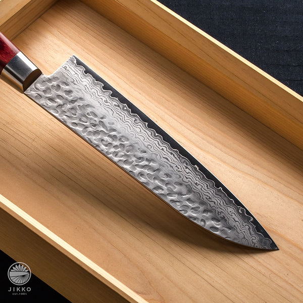 JIKKO ekubo (Dimples) Red Santoku knife VG-10 Gold Stainless Steel Japanese (Multi-purpose)
